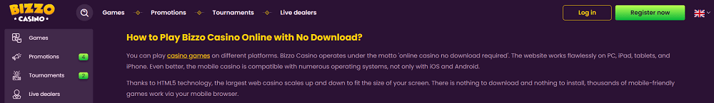 Bizzo Casino App and Mobile Casino Version